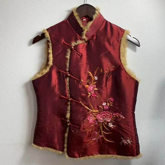 Antique Floral Embroidered Burgundy Silk Vest with Golden Fur Trim, frog toggles - Picture 2 of 12